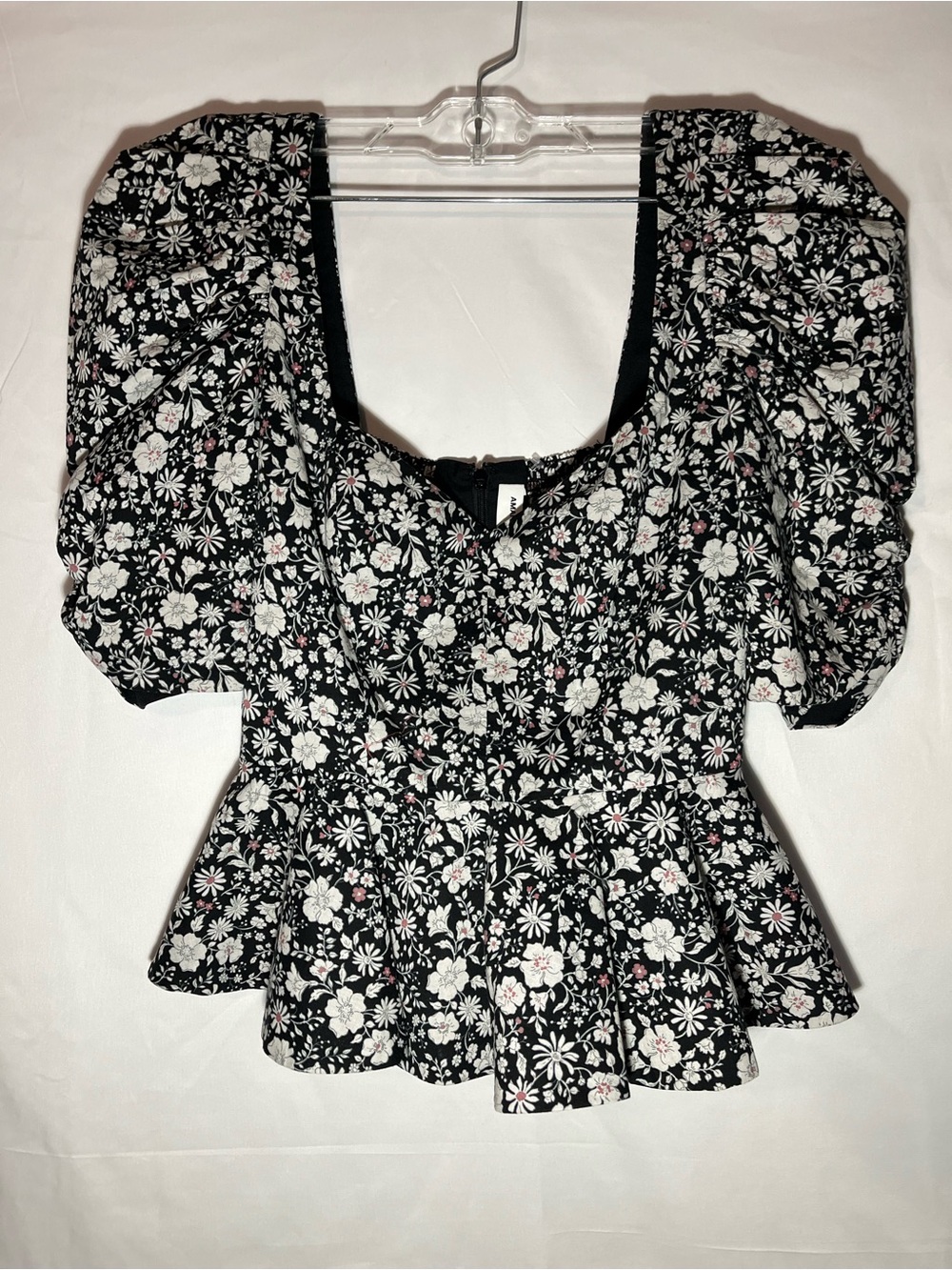 Amanda Uprichard Black Floral Peplum Puff-Sleeve Blouse